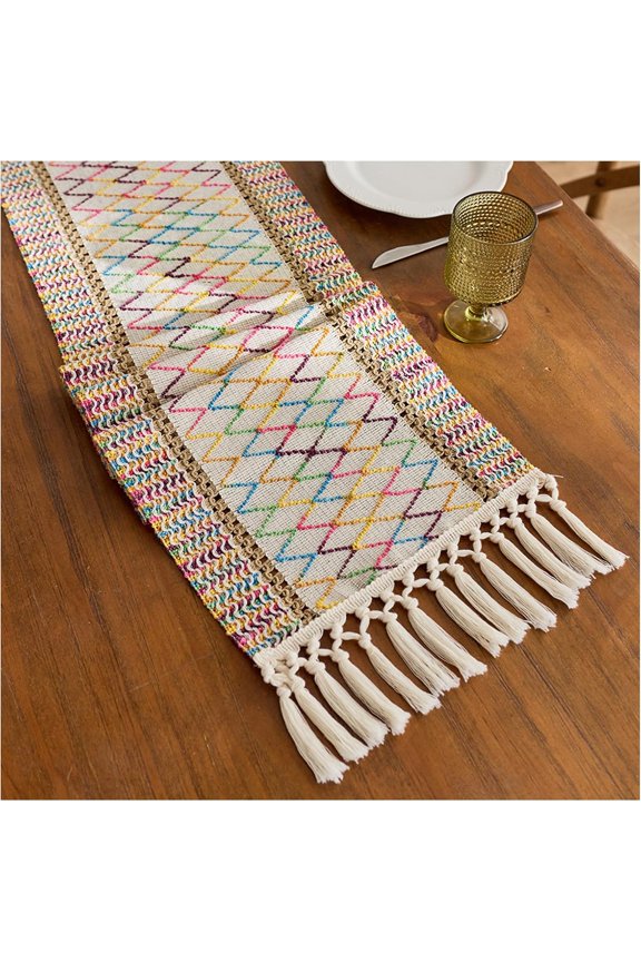 Cotton-Linen Table Runner Scandinavian, Patchwork Design with Fringes, Modern Table Decor for Coffee Table & Console, Set of 2,Multicolor Diamond,260cm