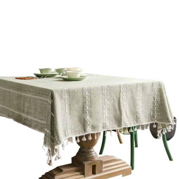 Cotton Linen Tablecloth Countryside Rectangle Table Cloth Multi LineHollow Out Table Cover with Tassel for Dining Table