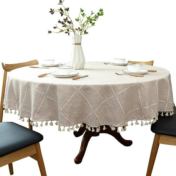 Cotton Linen Tablecloth, Plaid Tassel Round Table Cover for Kitchen Dining Small Table