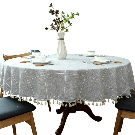 Cotton Linen Tablecloth, Plaid Tassel Round Table Cover for Kitchen Dining Small Table