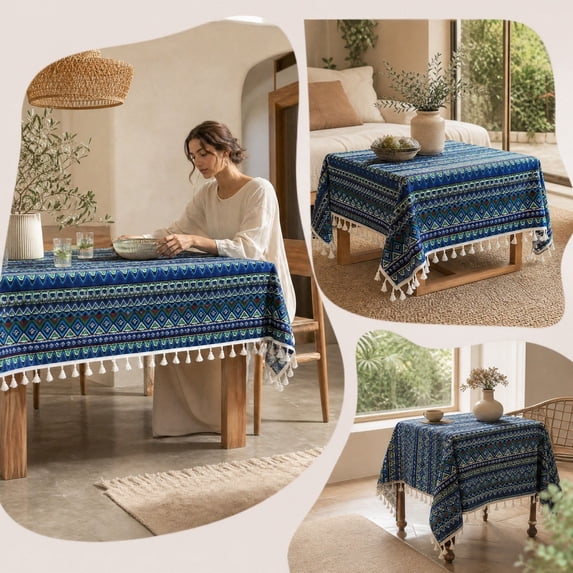 Cotton Linen Tablecloth - Rectangular Table Cover with Tassel, Washable Printed Decorative Table Cloth for Dining Table, Coffee Table, Kitchen, Living Room, Balcony, Farmhouse, Housewarming Gift