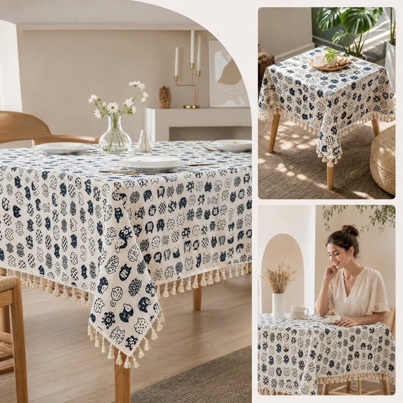 Cotton Linen Tablecloth - Rectangular Table Cover with Tassel, Washable Printed Decorative Table Cloth for Dining Table, Coffee Table, Kitchen, Living Room, Balcony, Farmhouse, Housewarming Gift
