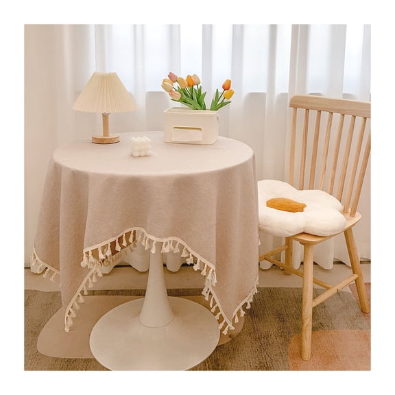 Cotton Linen Tablecloth with Fringed Edges,Washable Solid Color Tablecloth with Tassels,Round Table Cover for Kitchen Dining Room