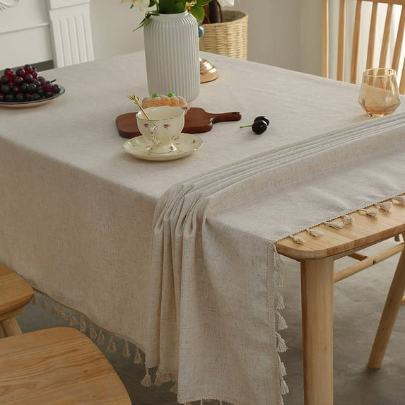 Cotton Linen Tablecloths Dust-Proof Table Cover for Party Dining Banquet Decoration Flax Fabric TableCloth Luxurious Table Cover (Beige tassels,150X280cm)
