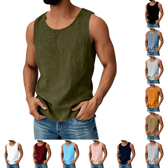 Cotton Linen Tank Tops Men Fashion Casual Sleeveless Crew Neck Tank Shirts Summer Quick Dry Lightweight Athletic Pure Color Tank Top Army Green 3XL