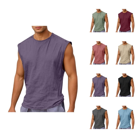Cotton Linen Tank Tops Men Lightweight Breathable Relaxed Fit Crewneck Sleeveless Shirt Athletic Workout Gym Tanks