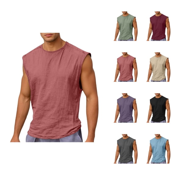 Cotton Linen Tank Tops Men Lightweight Breathable Relaxed Fit Crewneck Sleeveless Shirt Athletic Workout Gym Tanks