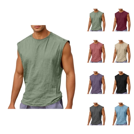 Cotton Linen Tank Tops Men Lightweight Breathable Relaxed Fit Crewneck Sleeveless Shirt Athletic Workout Gym Tanks