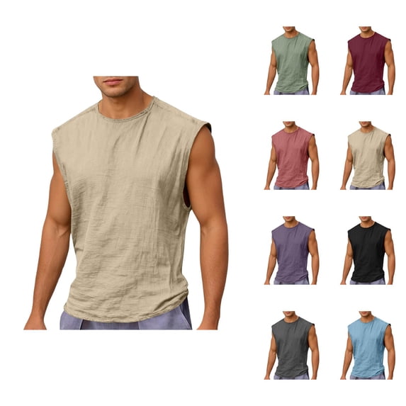Cotton Linen Tank Tops Men Lightweight Breathable Relaxed Fit Crewneck Sleeveless Shirt Athletic Workout Gym Tanks