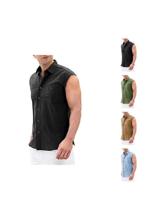 Cotton Linen Tank Tops Men Summer Casual Lightweight Breathable Button Down Collared Sleeveless Shirt