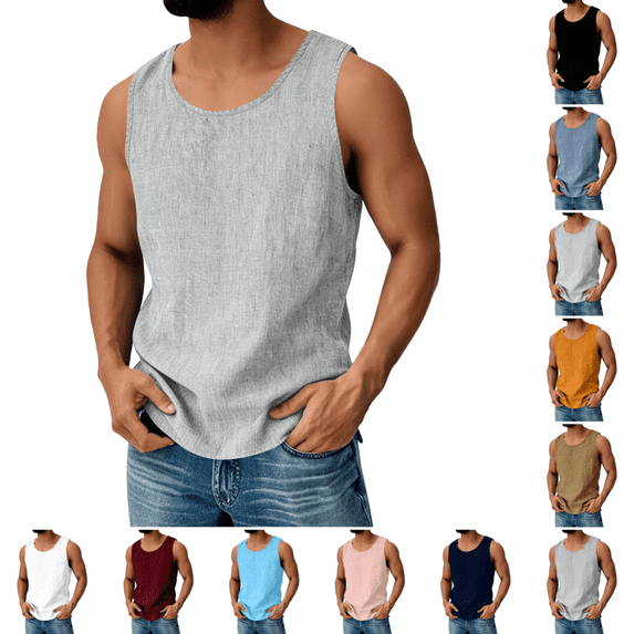Cotton Linen Tank Tops for Men Fashion Casual Sleeveless Crew Neck Tank Shirts Summer Quick Dry Lightweight Active Pure Color Tank Top Light Gray XL
