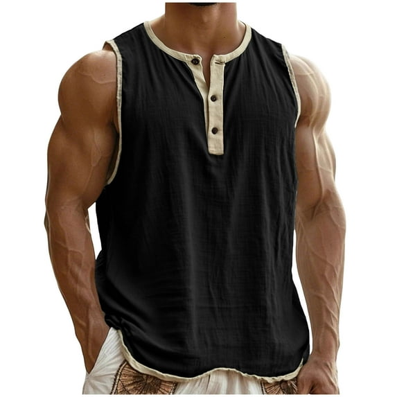 Cotton Linen Tank Tops for Mens - Sleeveless Colorblock Summer Workout Gym Slim Fit Henley Shirt Basic Tee