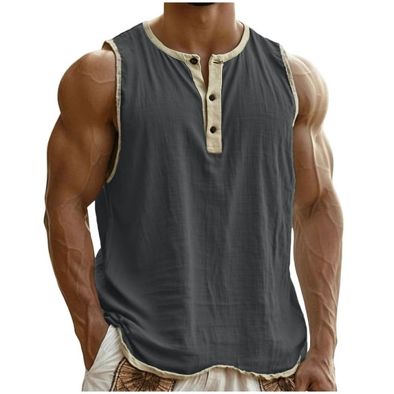 Cotton Linen Tank Tops for Mens - Sleeveless Colorblock Summer Workout Gym Slim Fit Henley Shirt Basic Tee