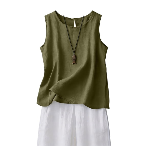 Cotton Linen Tank Tops for Women 2026 Summer Casual Comfy Sleeveless Linen Shirts Loose Lightweight Gauze Cami Army Green XL