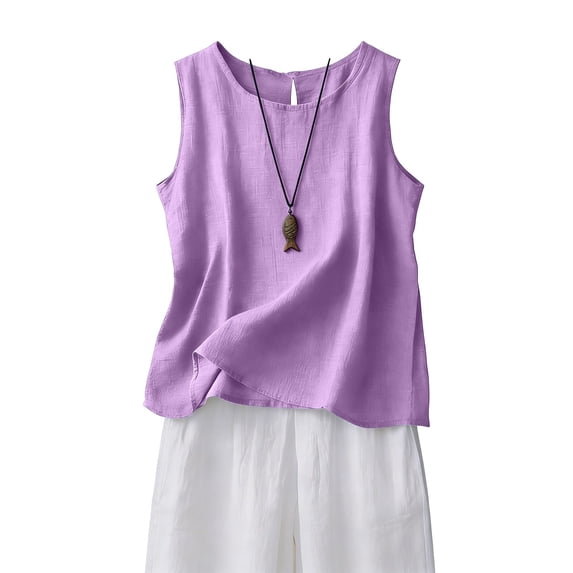 Cotton Linen Tank Tops for Women Summer Casual Comfy Sleeveless Linen Shirts Loose Lightweight Gauze Cami Purple L