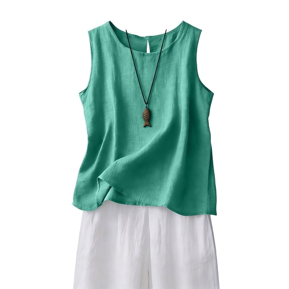 Cotton Linen Tank Tops for Women Summer Casual Comfy Sleeveless Linen Shirts Loose Lightweight Gauze Cami Turquoise M