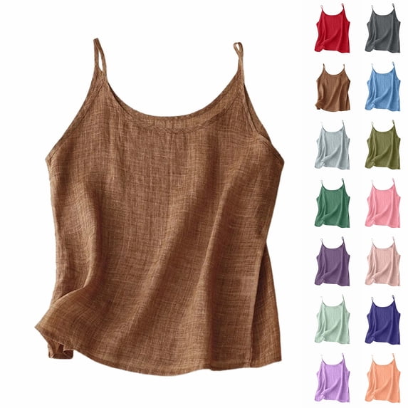 Cotton Linen Tank Tops for Women 2026 Summer Sleeveless Spaghetti Strap Tees Casual Loose Soild Color Tunic Shirts Brown M
