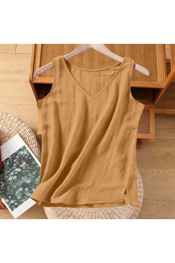 Cotton Linen Tank Tops for Women Causal Sleeveless V Neck Summer Solid Color Lightweight Side Split Crop Cami Tops