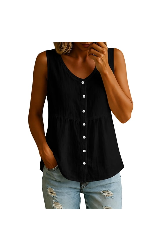 Cotton Linen Tank Tops for Women Empire Waist Button Down Blouses V Neck Peplum Tops Casual Sleeveless T-Shirt Black S