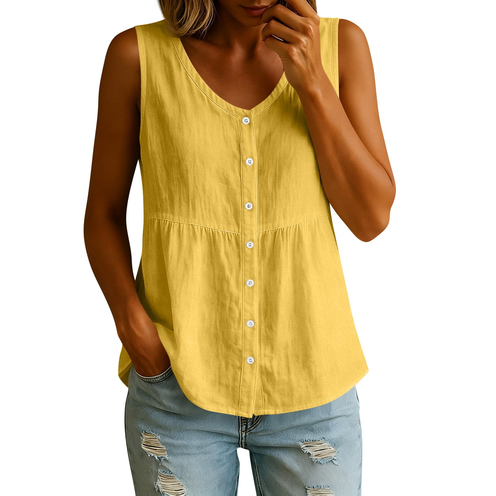 Cotton Linen Tank Tops for Women Empire Waist Button Down Blouses V ...