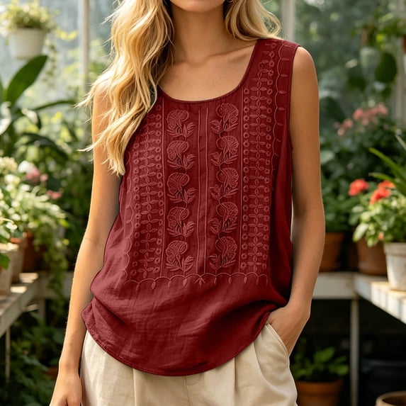 Cotton Linen Tank Tops for Women Loose Fit Scoop Neck Sleeveless Mexican Floral Embroidered Shirts Summer Beach Tops Red XL