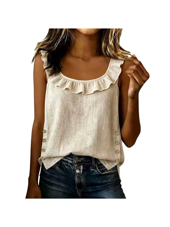 Cotton Linen Tank Tops for Women Side Button Ruffle Scoop Neck Tops Sleeveless Blouse Lightweight Casual Summer Vacation Shirts,Beige,XL