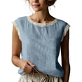 thumbnail image 1 of Cotton Linen Tank Tops for Women Summer Casual Sleeveless Shirts Lace Trim Cap Sleeve Crew Neck Blouses Tees, 1 of 8