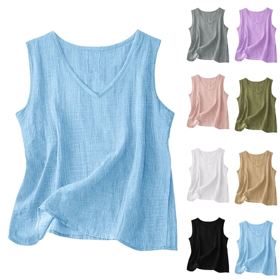 Cotton Linen Tank Tops for Women V Neck Loose Casual Sleeveless Summer Lightweight Blouses Army Green XL