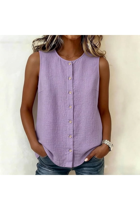 Cotton Linen Tank Tops for Women Wide Strap Sleeveless Camisoles Womens Button Down Crew Neck Summer Tanks