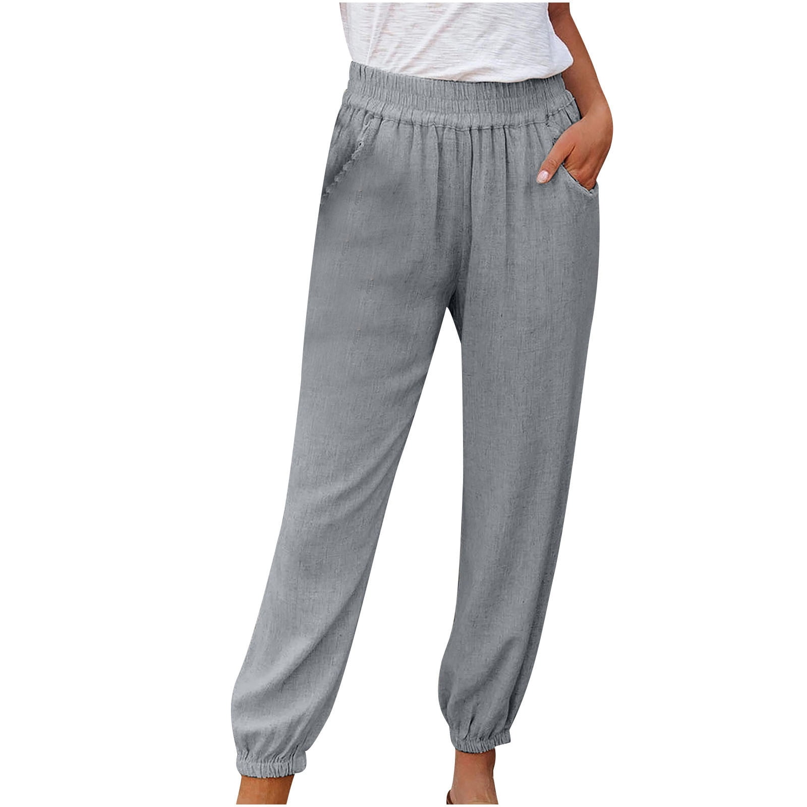 Women's Solid Activewear Jogger Pants Summer Cotton Linen Drawstring  Elastic Waist Pockets Trousers Tapered Sweatpants