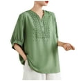 thumbnail image 1 of Cotton Linen Tees Shirts for Womens Ruffle V Neck Half Sleeve Tops Shirts Classic Embroidered Tunics Tops Solid Basic Tunic Blouses Baggy Boho Dressy Shirts Beach Holiday Outfits, 1 of 5