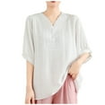 thumbnail image 1 of Cotton Linen Tees Shirts for Womens Ruffle V Neck Half Sleeve Tops Shirts Classic Embroidered Tunics Tops Solid Basic Tunic Blouses Baggy Boho Dressy Shirts Beach Holiday Outfits, 1 of 4