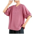 thumbnail image 1 of Cotton Linen Tees Shirts for Womens Ruffle V Neck Half Sleeve Tops Shirts Classic Embroidered Tunics Tops Solid Basic Tunic Blouses Baggy Boho Dressy Shirts Beach Holiday Outfits, 1 of 5