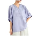 thumbnail image 1 of Cotton Linen Tees Shirts for Womens Ruffle V Neck Half Sleeve Tops Shirts Classic Embroidered Tunics Tops Solid Basic Tunic Blouses Baggy Boho Dressy Shirts Beach Holiday Outfits, 1 of 5