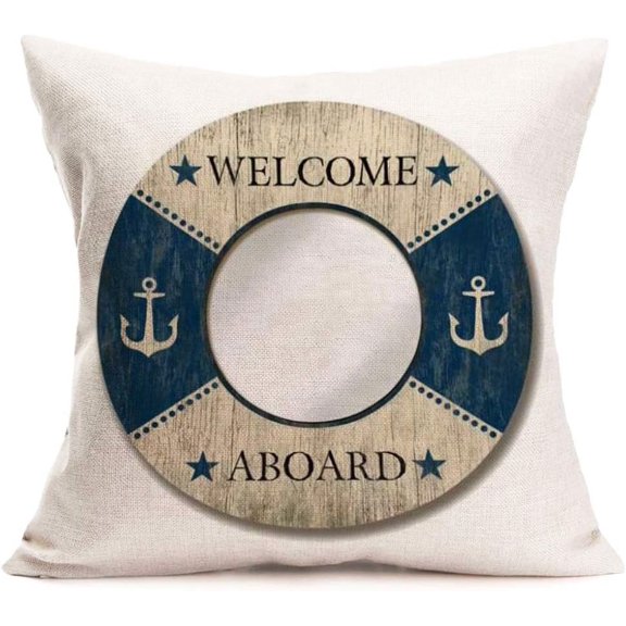 Cotton Linen Throw Pillow Covers Welcome Aboard Word Decorative Pillow Covers Boat Anchor Square Cushion Covers 18"x18" Home Decor Pillowcases SY-Boat Anchor-Welcome Aboard