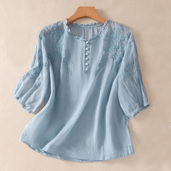 BRGZLK Women's Cotton Linen Tops Summer Trendy Solid Color Loose Blouse Casual Short Sleeve Round Neck Summer T-Shirts Blue XL