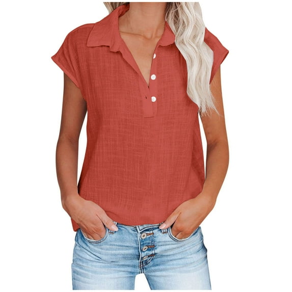 Cotton Linen Top for Juebong Women Comfy Short Sleeve Button Down Shirt Loose Fit Casual V Neck Solid Color Tees