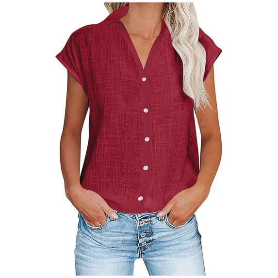 Cotton Linen Top for Juebong Women Comfy Short Sleeve Button Down Shirt Loose Fit Casual V Neck Solid Color Tees