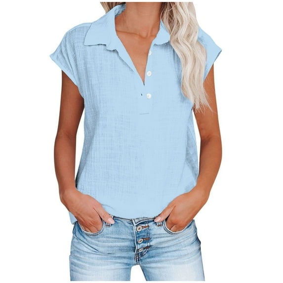 Cotton Linen Top for Juebong Women Comfy Short Sleeve Button Down Shirt Loose Fit Casual V Neck Solid Color Tees