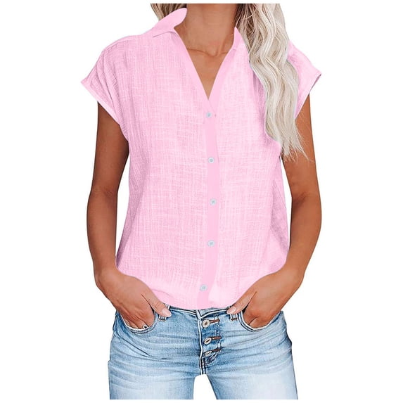 Cotton Linen Top for Juebong Women Comfy Short Sleeve Button Down Shirt Loose Fit Casual V Neck Solid Color Tees