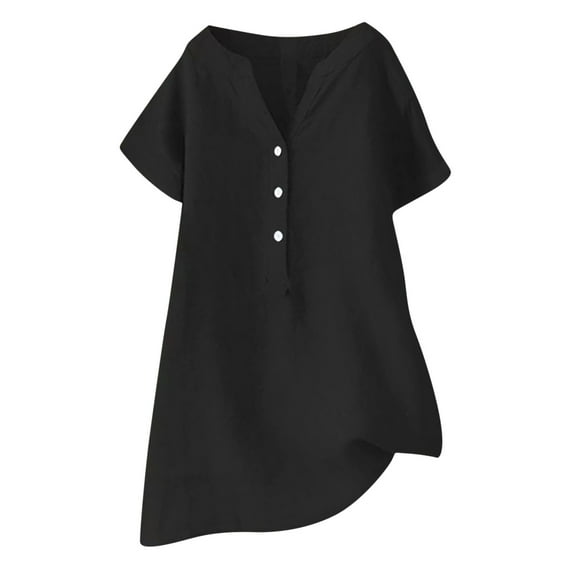 Cotton Linen Top for Juebong Women Comfy Short Sleeve Button Down Shirt Loose Fit Casual V Neck Solid Color Tees