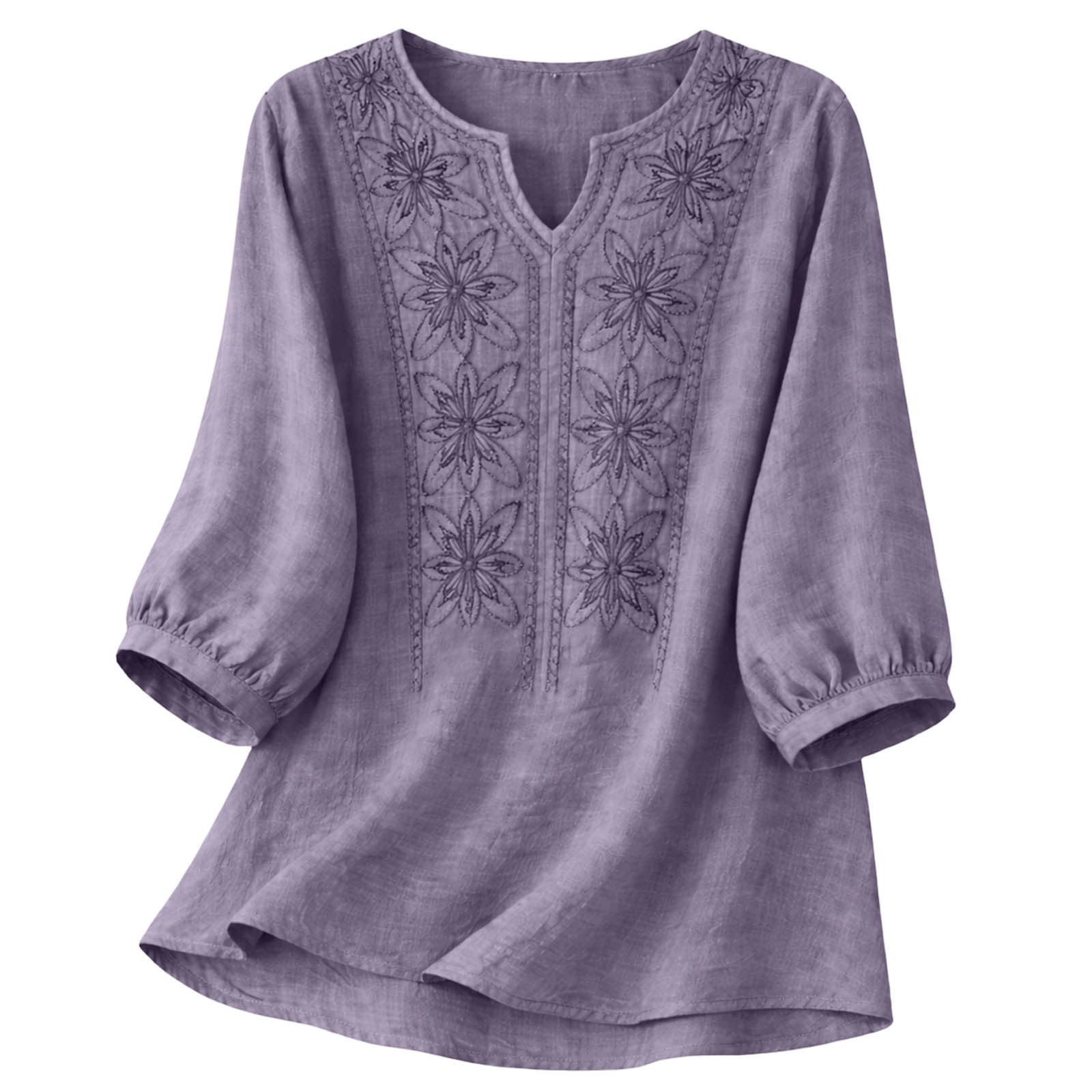 Cotton Linen Tops For Women Boho Embroidered 3/4 Sleeve Tops Bohemian ...