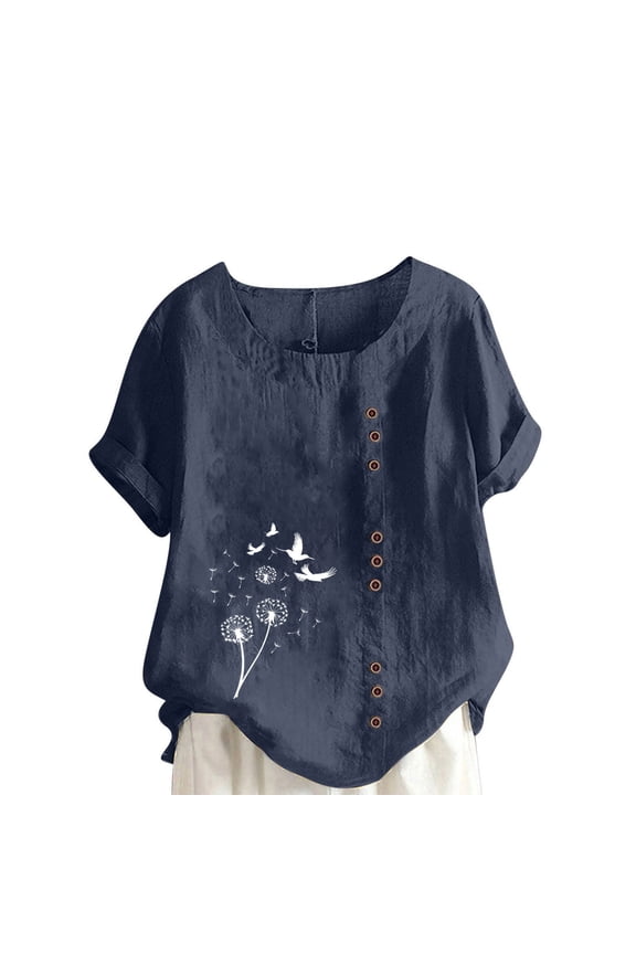Cotton Linen Tops For Women Button Down Shirt Funny Flower Graphic T-Shirt Summer Crew Neck Front Pleated Blouse Dressy Casual Top With Rolled Cuff