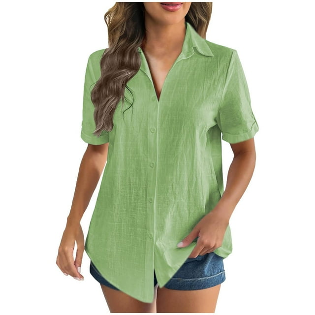Cotton Linen Tops For Women Collared Short Sleeve Shirts Button Down Tees Pleated Solid Shirts Basic Classic T-Shirt Loose Beach Vacation Blouse Summer