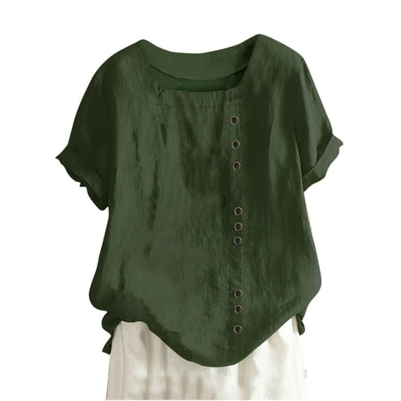 Cotton Linen Tops for Women's Solid Color Square Neck Blouse Shirts Button Up Short Sleeve T-Shirts Female Loose Fit Soft Comfy Top Lightweight High Low Hem Tees