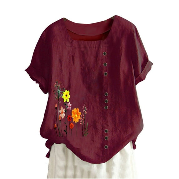 Cotton Linen Tops for Women's Solid Color Square Neck Blouse Shirts Button Up Short Sleeve T-Shirts Female Loose Fit Soft Comfy Top Lightweight High Low Hem Tees