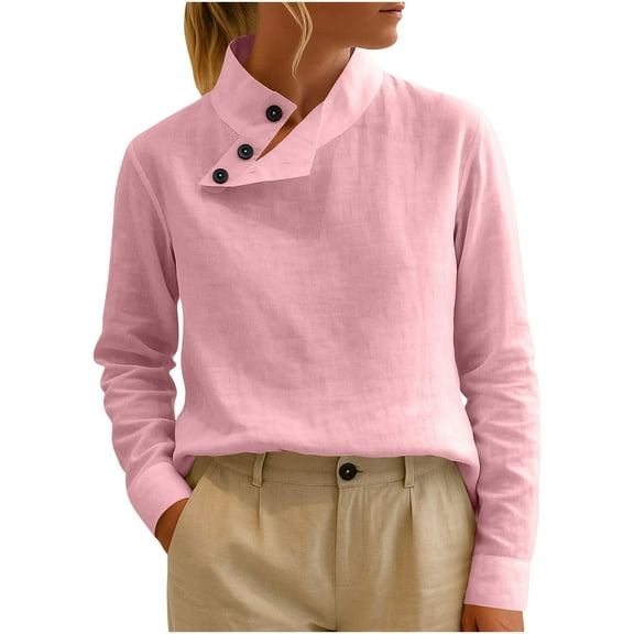 Cotton Linen Tops Womens 3 Button-Up Stand Collar Long Sleeve T Shirts Loose Plus Size Dressy Casual Blouses (S, Pink)