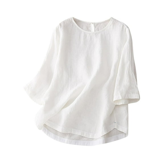 Cotton Linen Tops Womens Casual 3/4 Sleeve T-Shirts Round Neck Cute Basic Solid Color Tees Blouses Loose Pullover Tops,White,XL