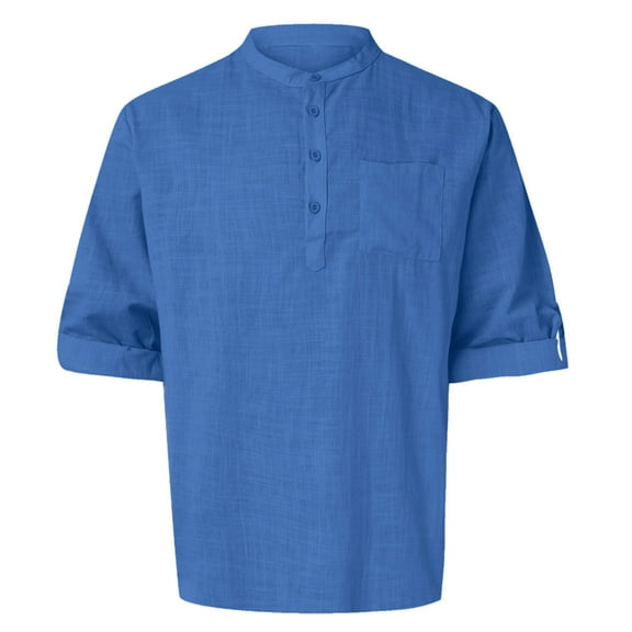Cotton Linen Tops for Men Roll-up Long Sleeve Plain Pullover Tee Shirts Chest Pocket Buttons Henley T-shirts (2XL, Blue)