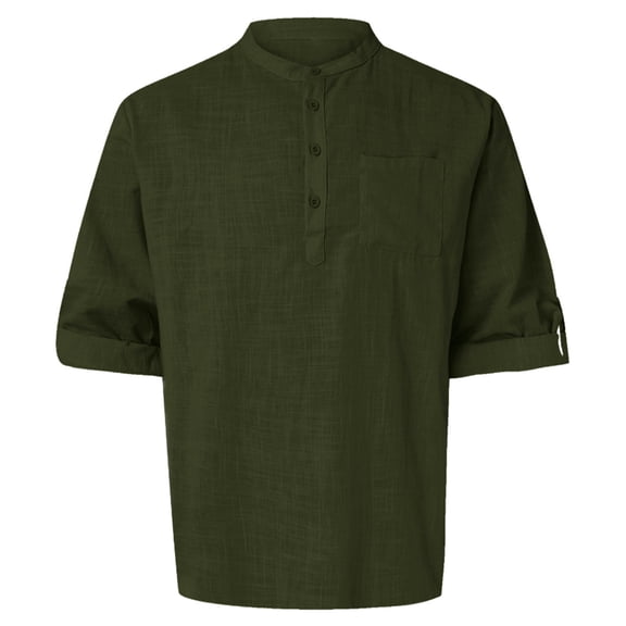 Cotton Linen Tops for Men Roll-up Long Sleeve Plain Pullover Tee Shirts Chest Pocket Buttons Henley T-shirts (3XL, Army Green)